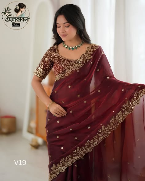 ✨ Royal Maroon Thread Work Silk Wedding Wear Saree With Blouse ✨, handcrafted by অলকাবন - Alkaban — Nokshikaj; gallery view 3