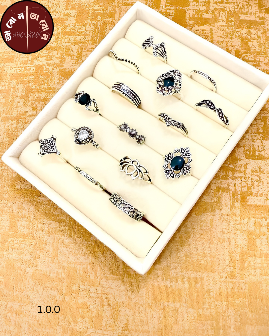 এক্সক্লুসিভ ১৫ পিসের রিং সেট, handcrafted by Aboltabol - আবোলতাবোল — Nokshikaj; gallery view 3