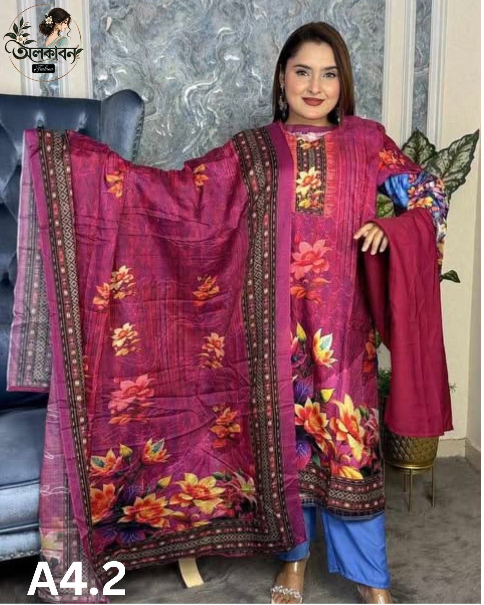 🌸 পাকিস্তানি ইন্সপায়ার্ড ডিজিটাল প্রিন্ট থ্রি-পিস 🌸, handcrafted by অলকাবন - Alkaban — Nokshikaj; gallery view 3