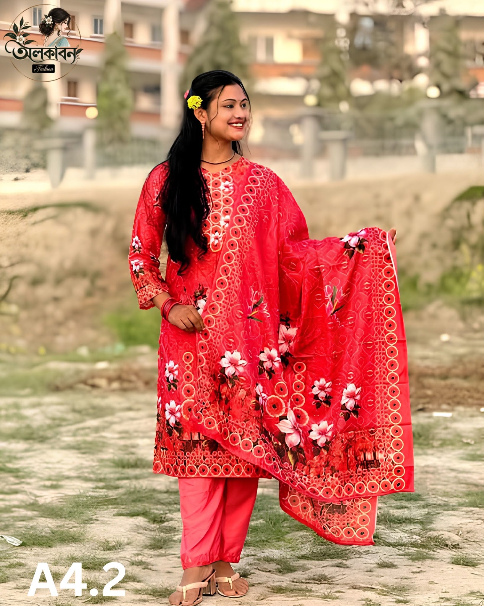 🌸 পাকিস্তানি ইন্সপায়ার্ড ডিজিটাল প্রিন্ট থ্রি-পিস 🌸, handcrafted by অলকাবন - Alkaban — Nokshikaj; gallery view 4